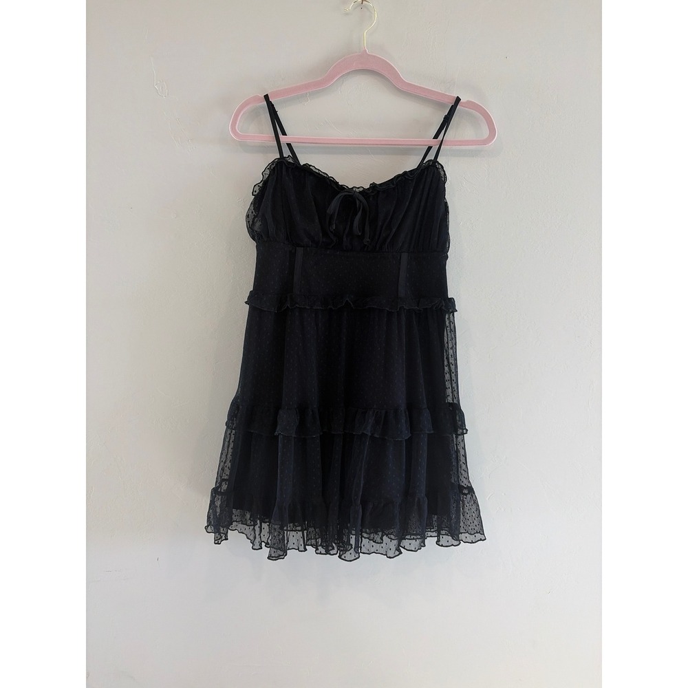 Wild Fable Black Point D'Esprit Mesh Tiered Ruffle Mini Dress Smocked Back M
